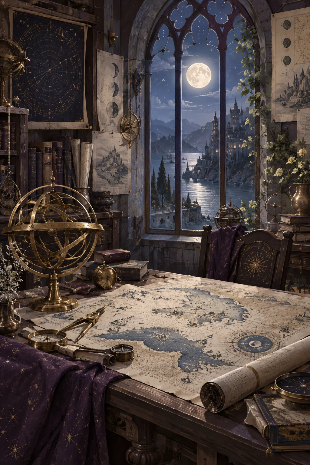 An atmospheric illustrated maproom in moonlight