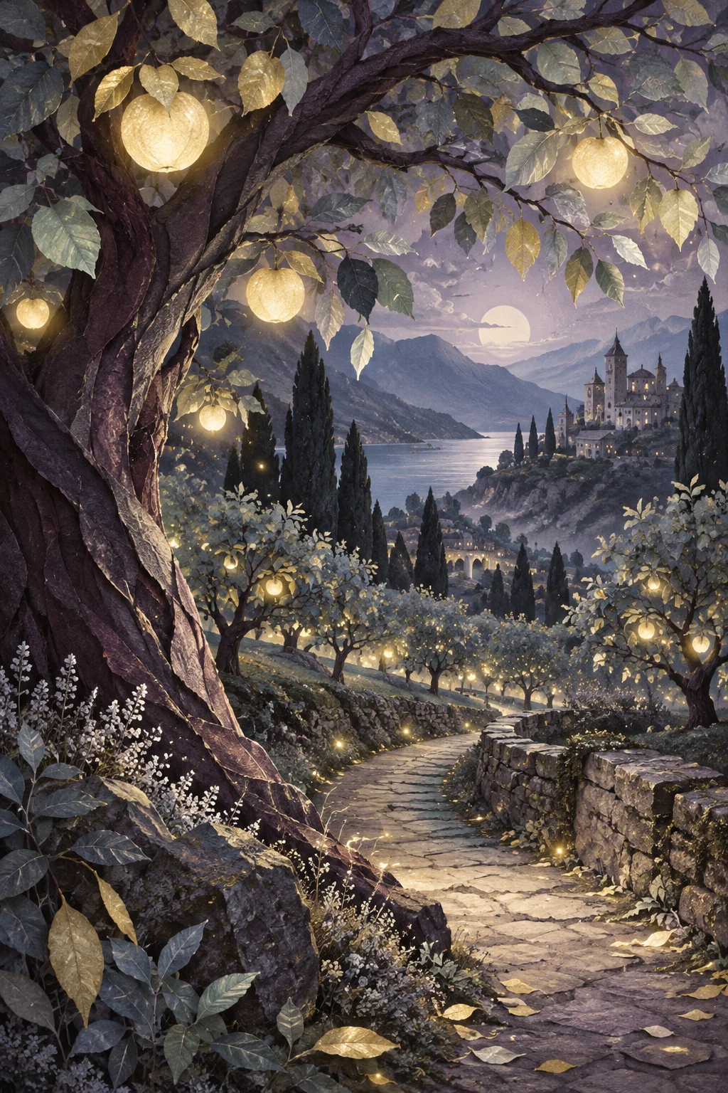 A softly glowing orchard at dusk